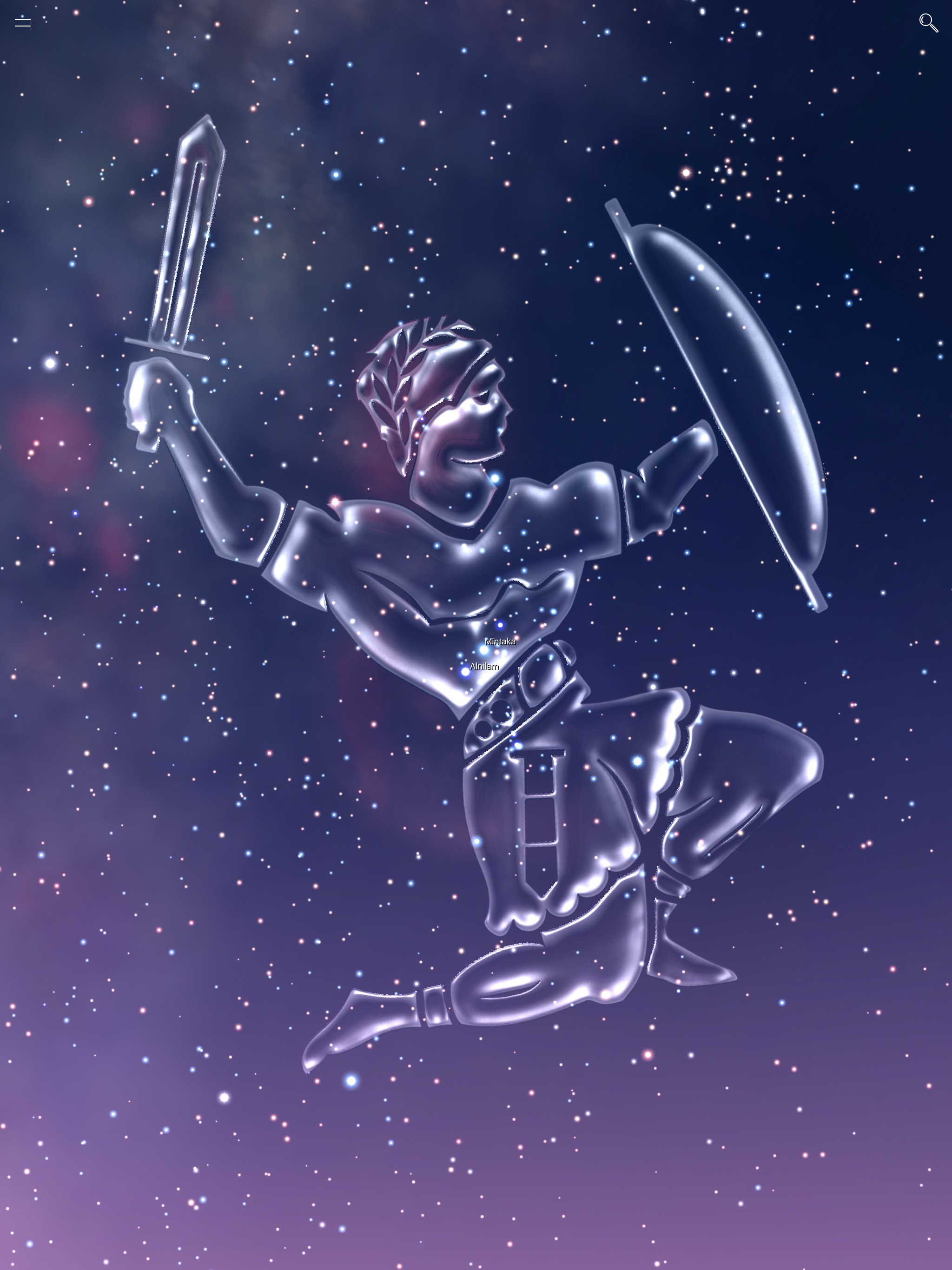 Orion rendered as a three-dimensional glass constellation in Night Sky